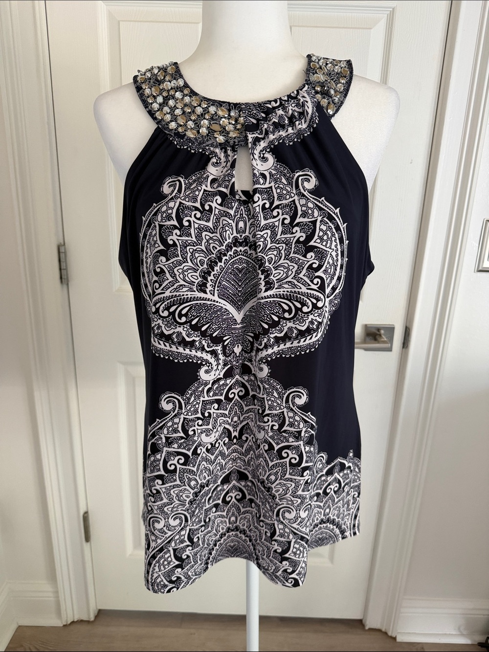INC International Concepts Navy and White jeweled Halter top